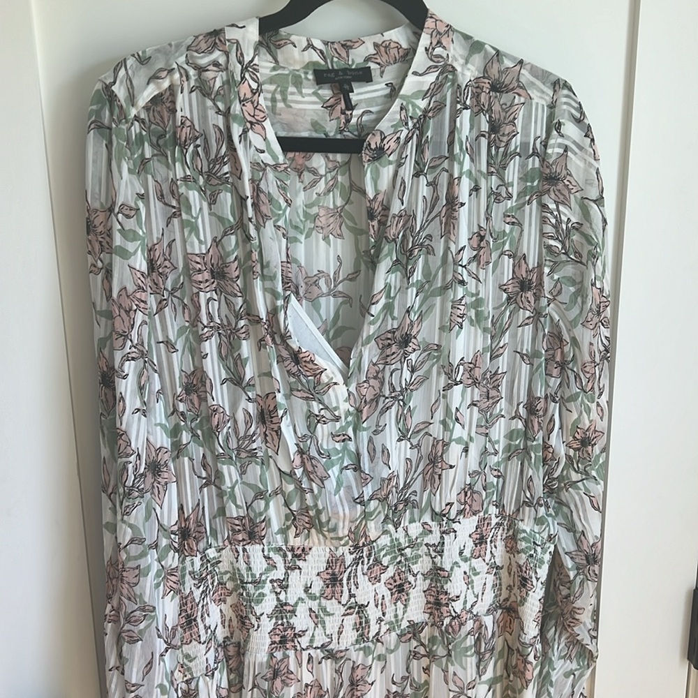 🕶️Rag & Bone Silk Calista White Floral Maxi Long Sleeve V Neck Dress Pink XL - Picture 8 of 14